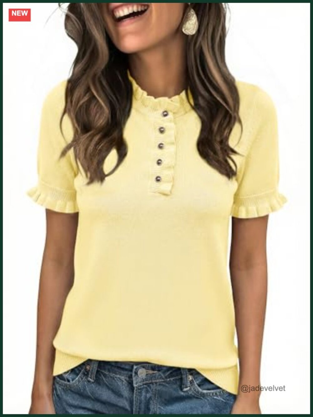 Women's Puff Short Sleeve Sweater Ruffle Henley Knit Pullover Top